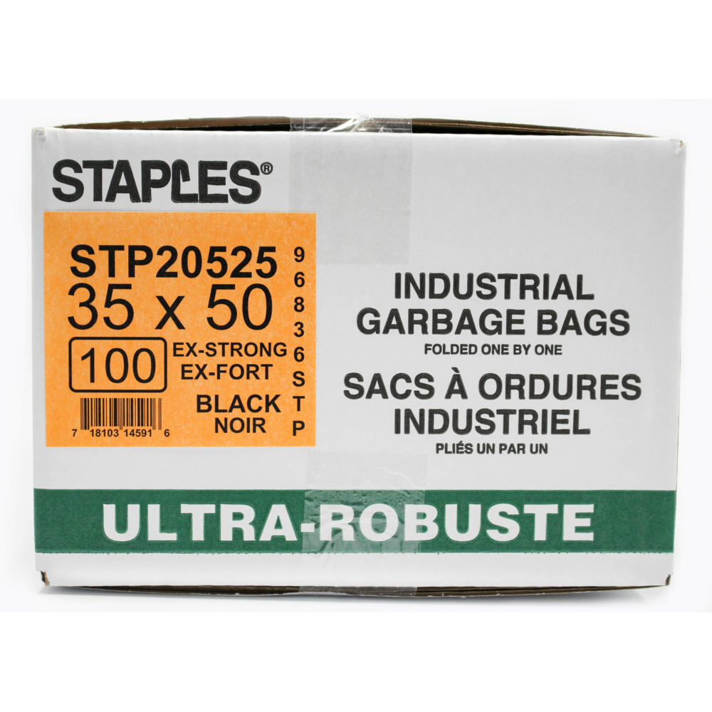  STP20525  Staples Industrial Extra-Strong Garbage Bags, 35 x 50,  Black, 100 Pack