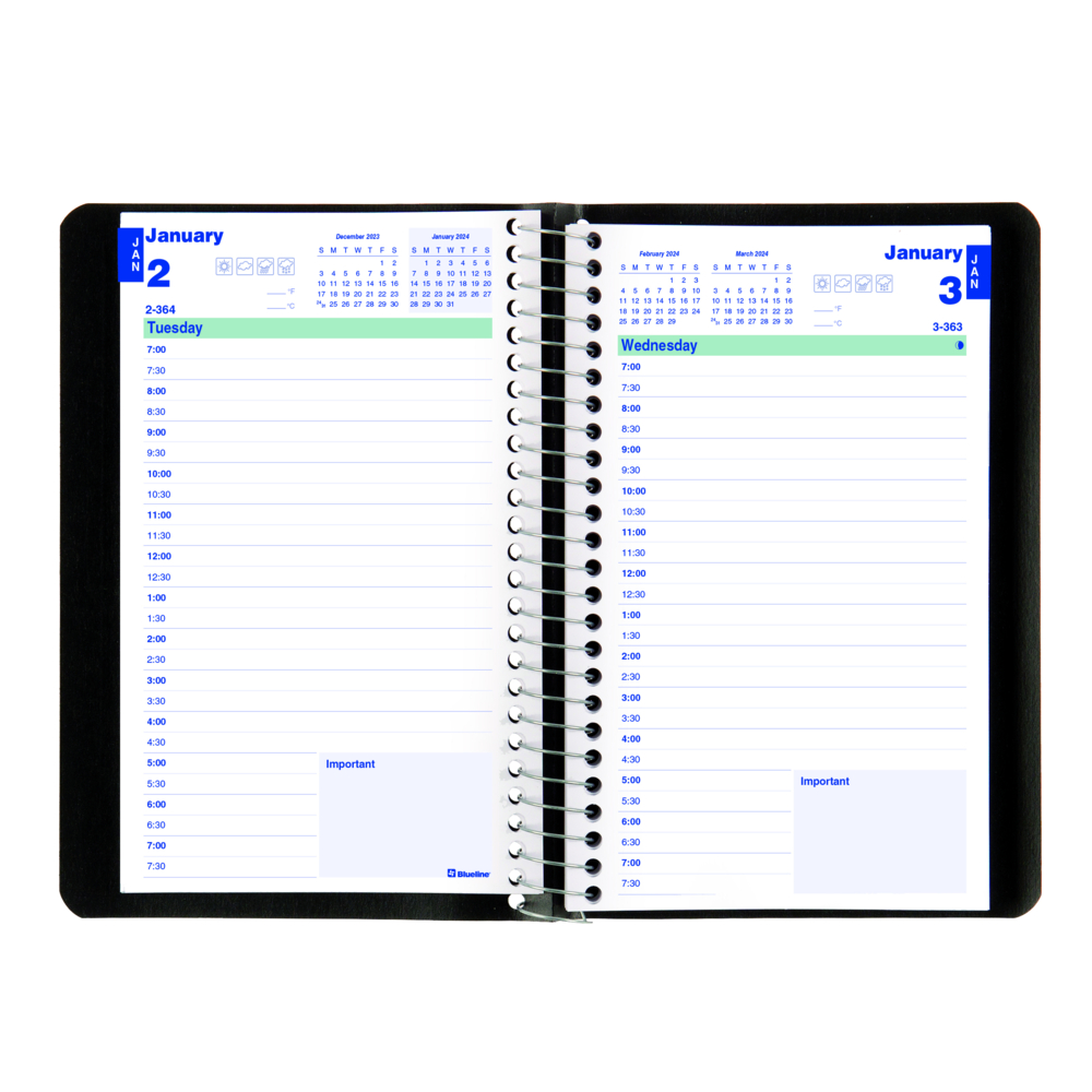  DMNC150481T224  Blueline - Agenda quotidien 2024 - Reliure  Spirale - 8 po H x 5 po L - Noir