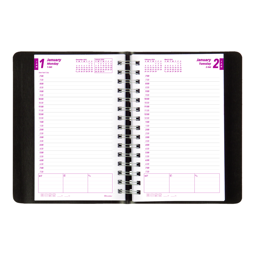  DMNCB634WBLK224  Brownline - Agenda quotidien - Reliure spirale  double - 8 po H x 5 po L - Noir