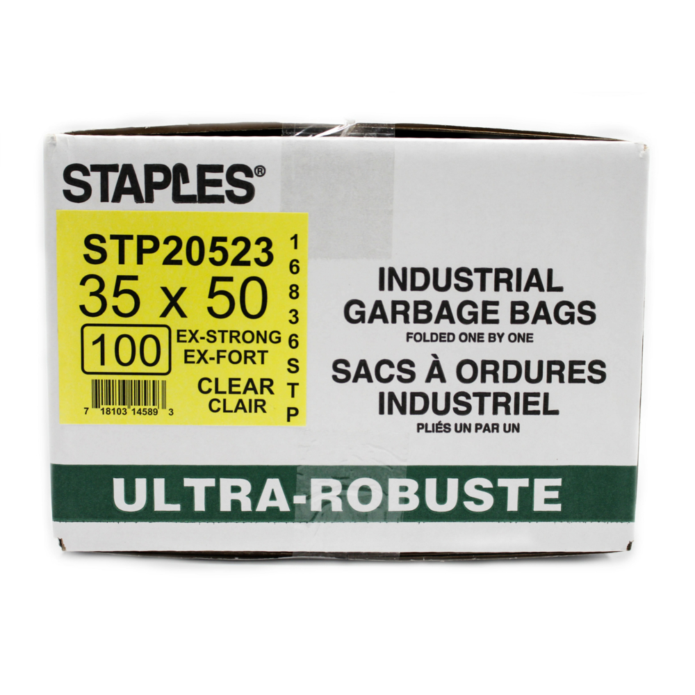  STP20523  Staples Garbage Bags - Extra Strong - Clear - 35 W x  50 L - 100 Pack