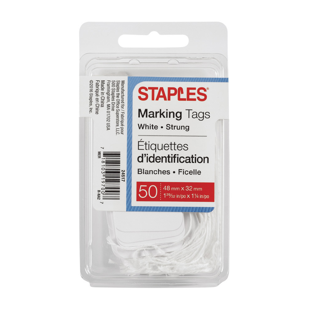  STP24517  Staples Retail Marking and Pricing Tags with String -  1-29/32 x 1-1/4 - White - 50 Pack