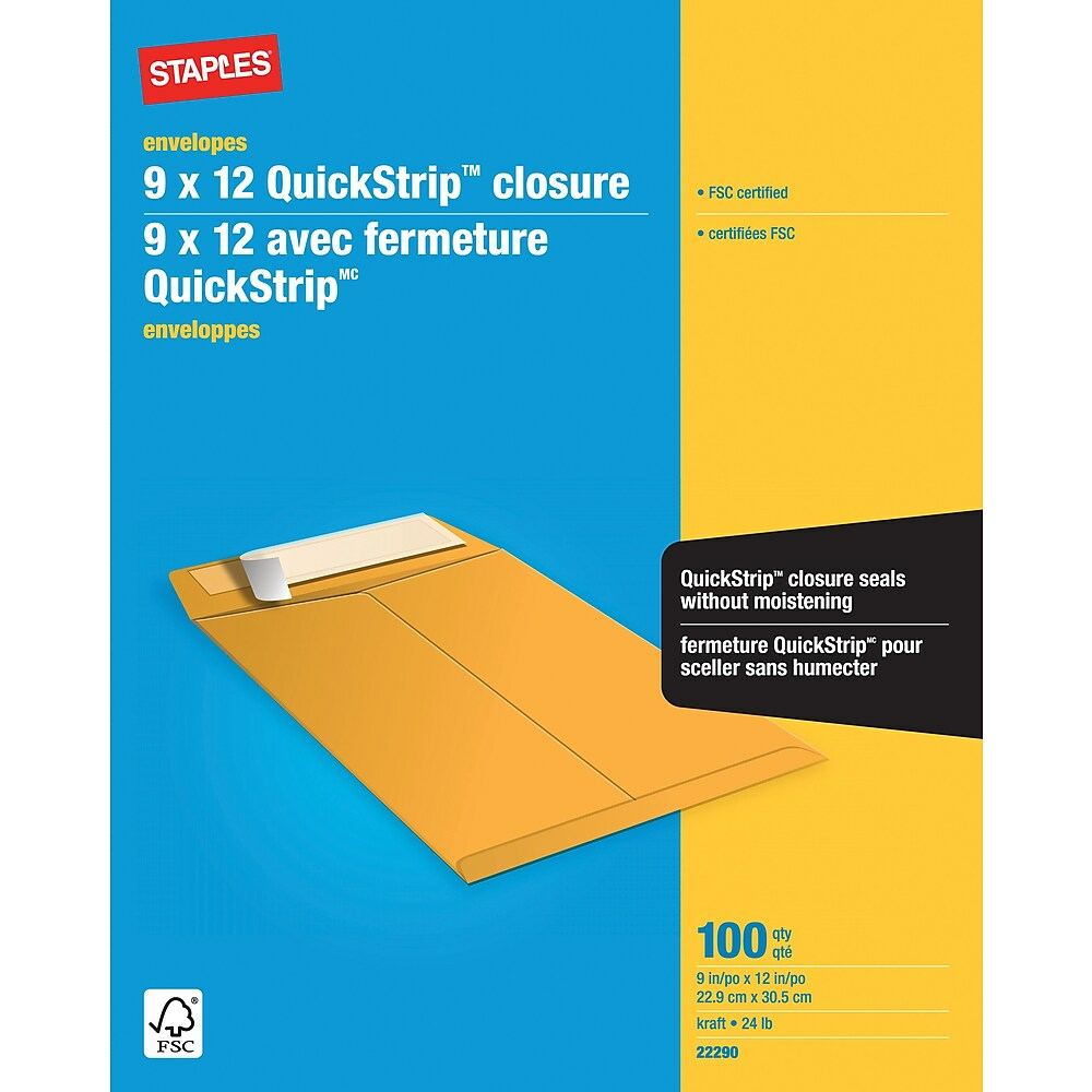 Staples - Enveloppes n° 10 à fenêtre avec rabats gommés, 4 1/8 x 9 1/2 po,  24 lb, blanc, boîte de 500