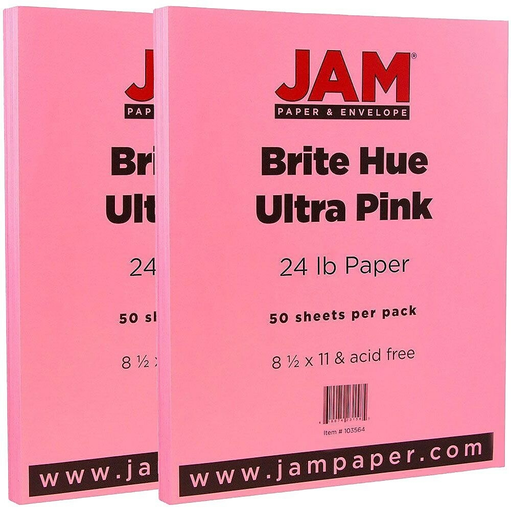  JPD103564G  JAM Paper Bright Color Paper, 8.5 x 11, 24lb Brite  Hue Ultra Pink, 2 packs of 100 (103564g)