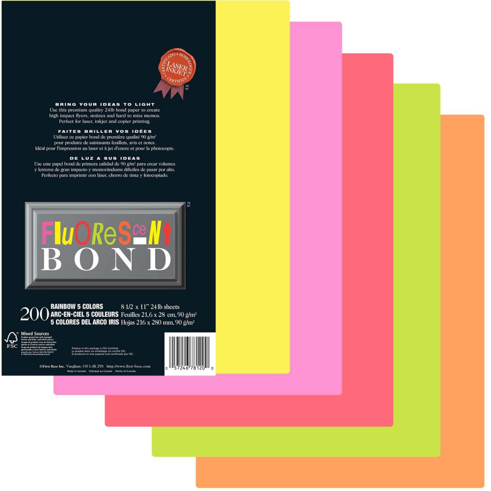  FBI78120  St. James Fluorescent Bond Rainbow Copy Paper - 24 lb.  - 8.5 x 11 - Assorted Bright Colours - 200 Sheets