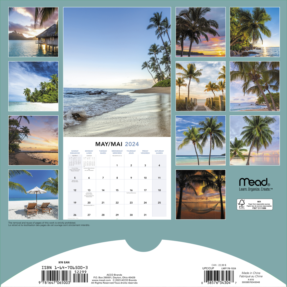  AAGLMF1781024  Mead - Calendrier mural paradis 2024 - 12 po H x  12 po l - bilingue