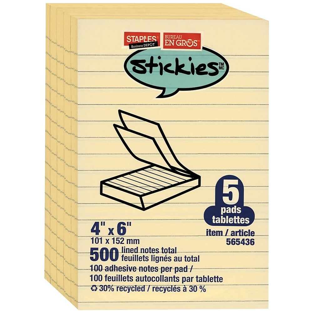  STPS46YR5C  Staples® - Feuillets autocollants recyclés, 4 po x 6  po, lignés, paq./5