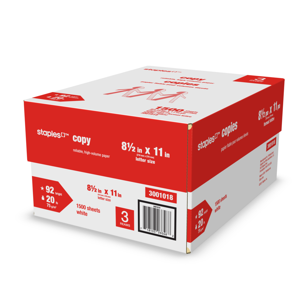  STP122457  Staples FSC-Certified 3-Hole Punched Copy Paper - 20  lb. - 8.5 x 11 - White - 5000 Sheets