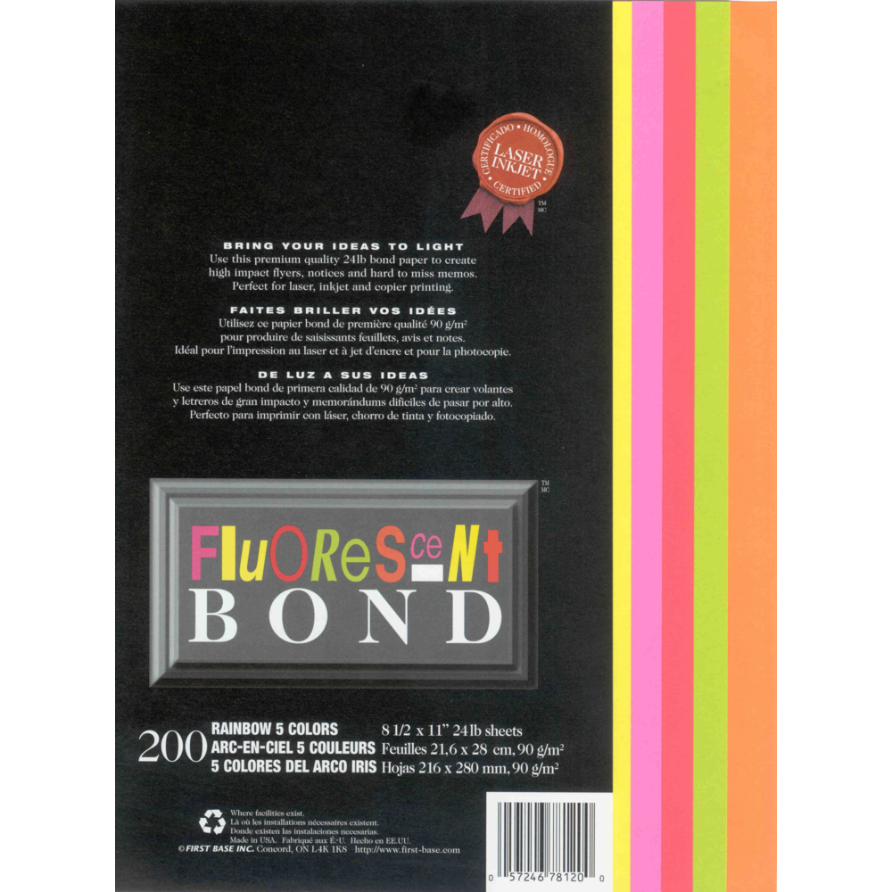  FBI78120  St. James Fluorescent Bond Rainbow Copy Paper - 24 lb.  - 8.5 x 11 - Assorted Bright Colours - 200 Sheets