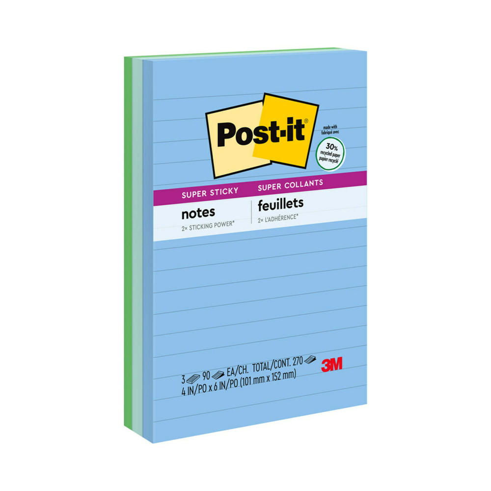  MMM6603SSTC  Post-it Super Sticky Recycled Notes - Oasis  Collection - 4 x 6 - 3 Pack