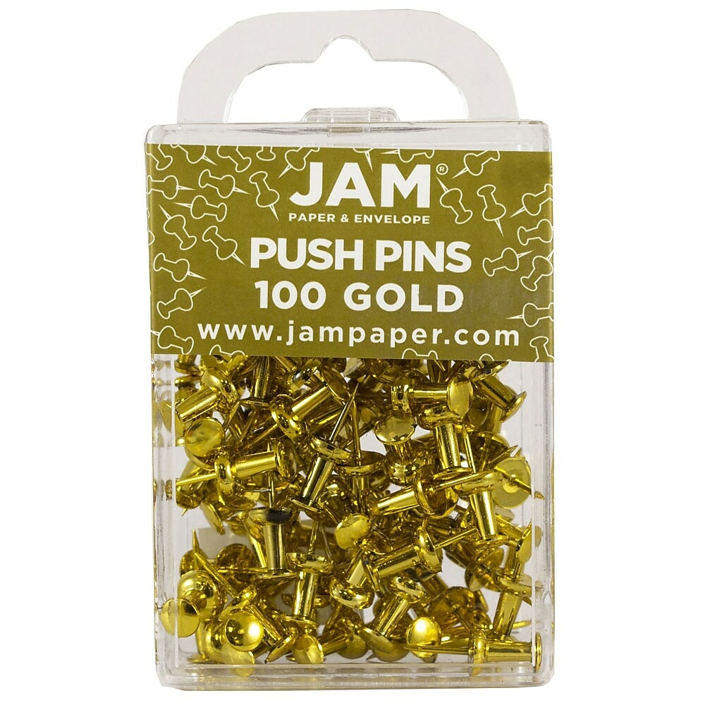 JAM Paper & Envelope Push Pins, Gold, Standard Size, 1 inch, 100