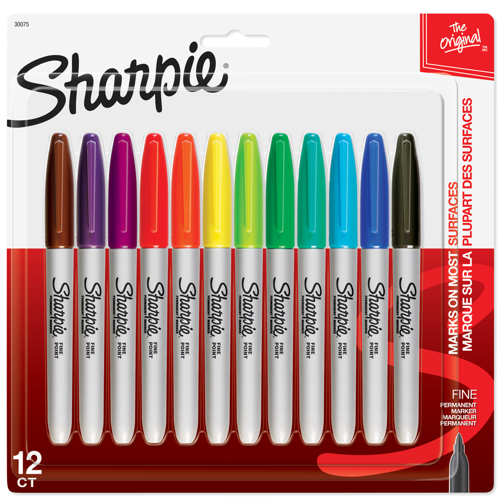  SAN30075PP  Sharpie - Marqueurs permanents - pointe fine -  couleurs variées - paquet de 12