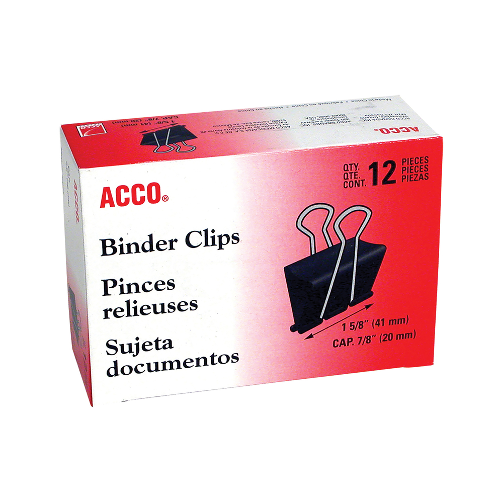  ACC72024  ACCO Fold-Back Binder Clips - Medium (1-5/8) - 5/8  Capacity - Black - 12 Pack