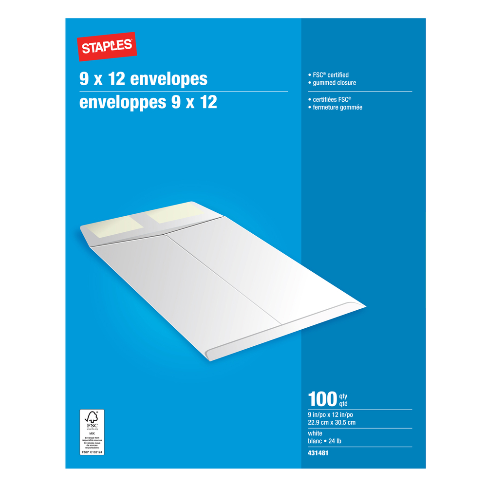  STP431481  Staples - Enveloppes kraft pour catalogue avec rabats  gommés, 9 x 12 po, 24 lb, blanc, boîte de 100