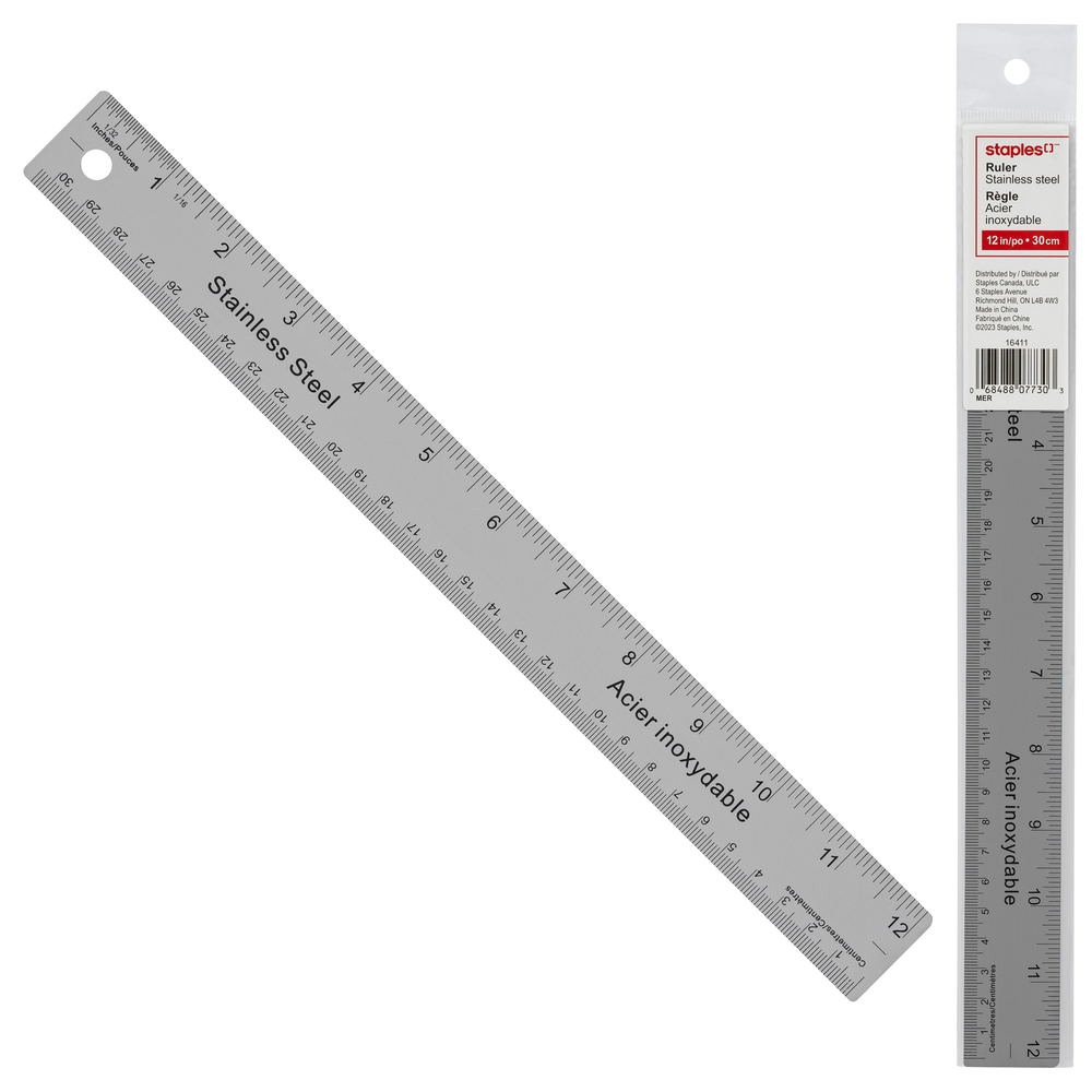  STP16411  Staples - Règle en acier inoxydable, 12 po/30 cm,  Couleurs assorties