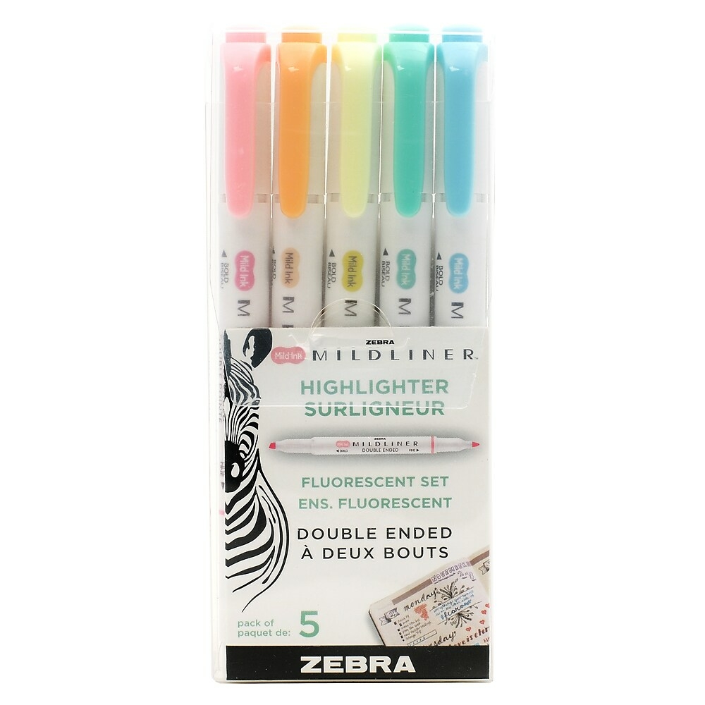 Zebra Mildliner Fluorescent Stick Highlighters, Twin Tip, Assorted, 5/Pack  (78105)