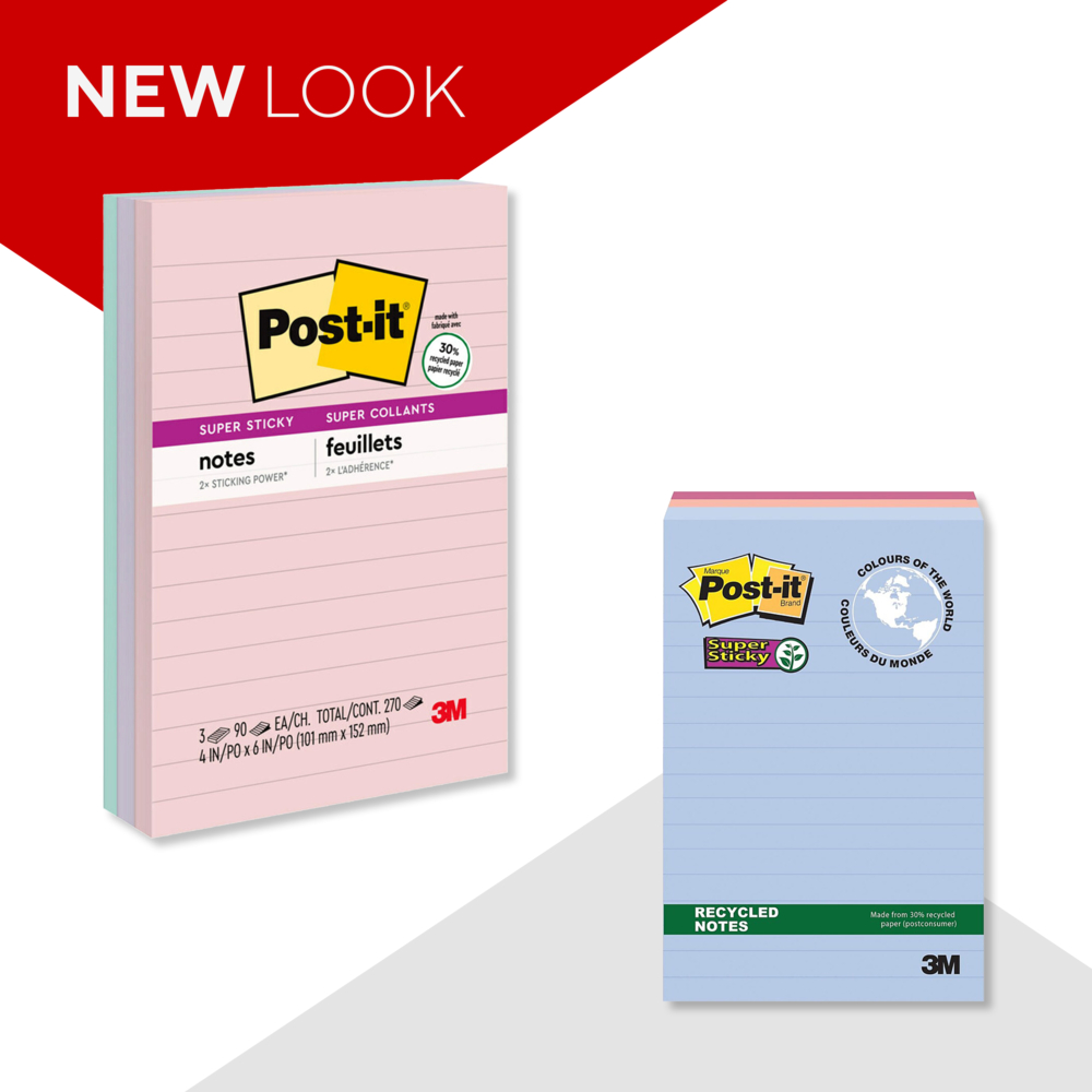  MMM6603SSNRP  Post-it Super Sticky Recycled Notes - Wanderlust  Pastels Collection - 4 x 6 - Lined - 3 Pack