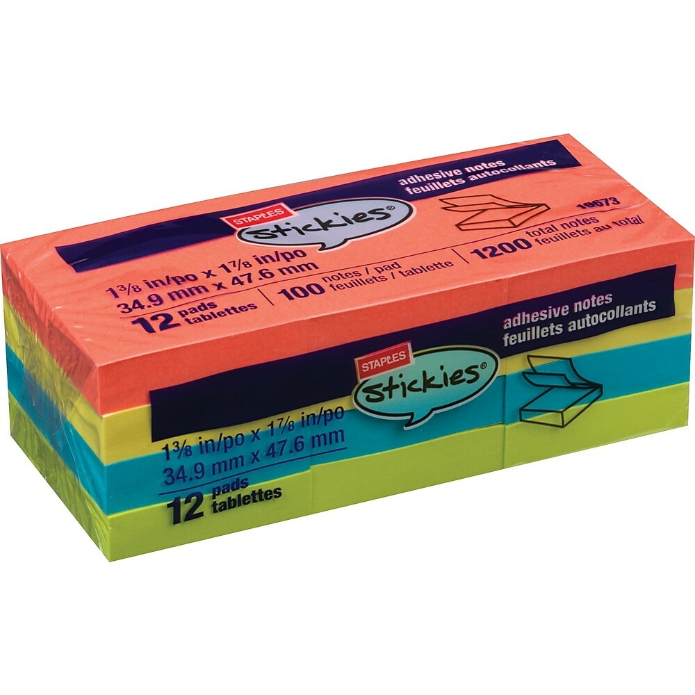 Staples Stickies Assorted Bright Notes, 3 x 3 - 12 pack