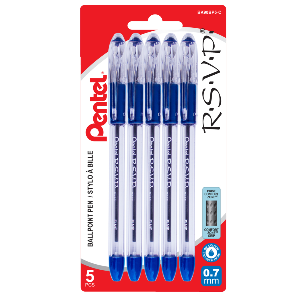 Pentel RSVP Ballpoint Pen, (0.7mm) Fine Line, Assorted Ink 5-Pk