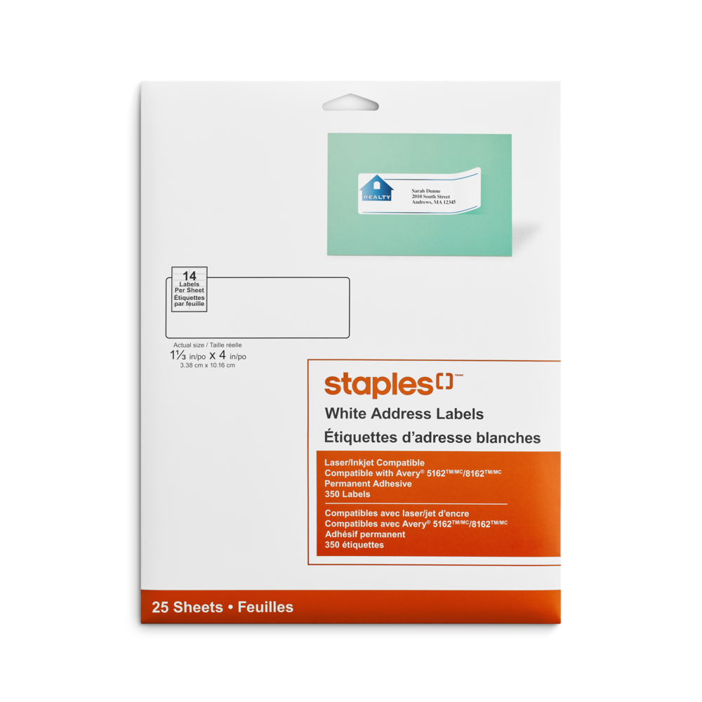  STP19012  Staples - Étiquettes d'adresse blanches pour  imprimantes jet d'encre/laser, 4 po x 1-1/3 po, paq./350