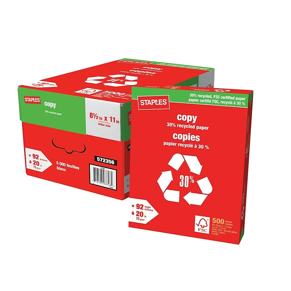 30% Recycled Copy Paper, 92 Bright, 20 Lb, 8.5 X 11, White, 500 Sheets/Ream