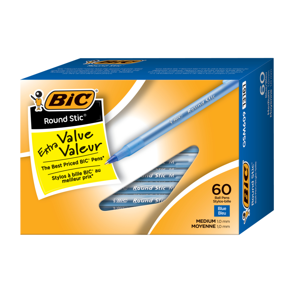  BICGSM609BLU  BIC Round Stic Ballpoint Stick Pens - Medium Tip -  1.0mm - Blue - 60 Pack