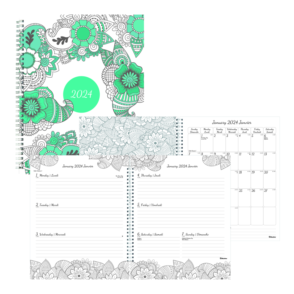 Doodleplan Weekly/Monthly Planner, Adult Coloring Botanica Artwork, 11 x  8.5, White/Teal/Black, 12-Month (Jan to Dec): 2022