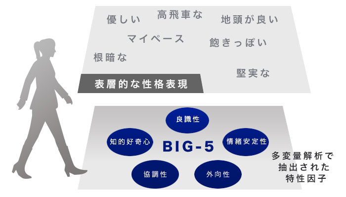 性格を直接計測するビッグファイブ: 良識性、情緒安定性、知的好奇心、外向性、協調性