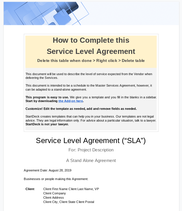 simple service level agreement template