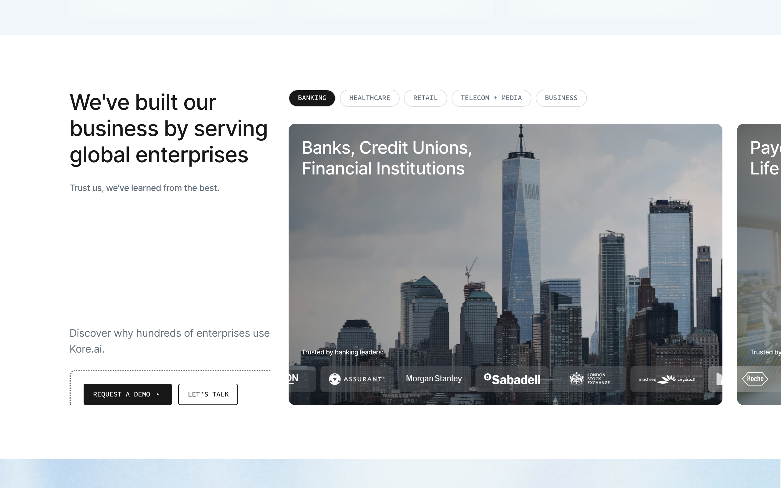 Kore.ai homepage for Agentic AI Applications for the Enterprise, featuring a hero banner, enterprise use cases, customer testimonials, partner logos, AI insights, and footer navigation.