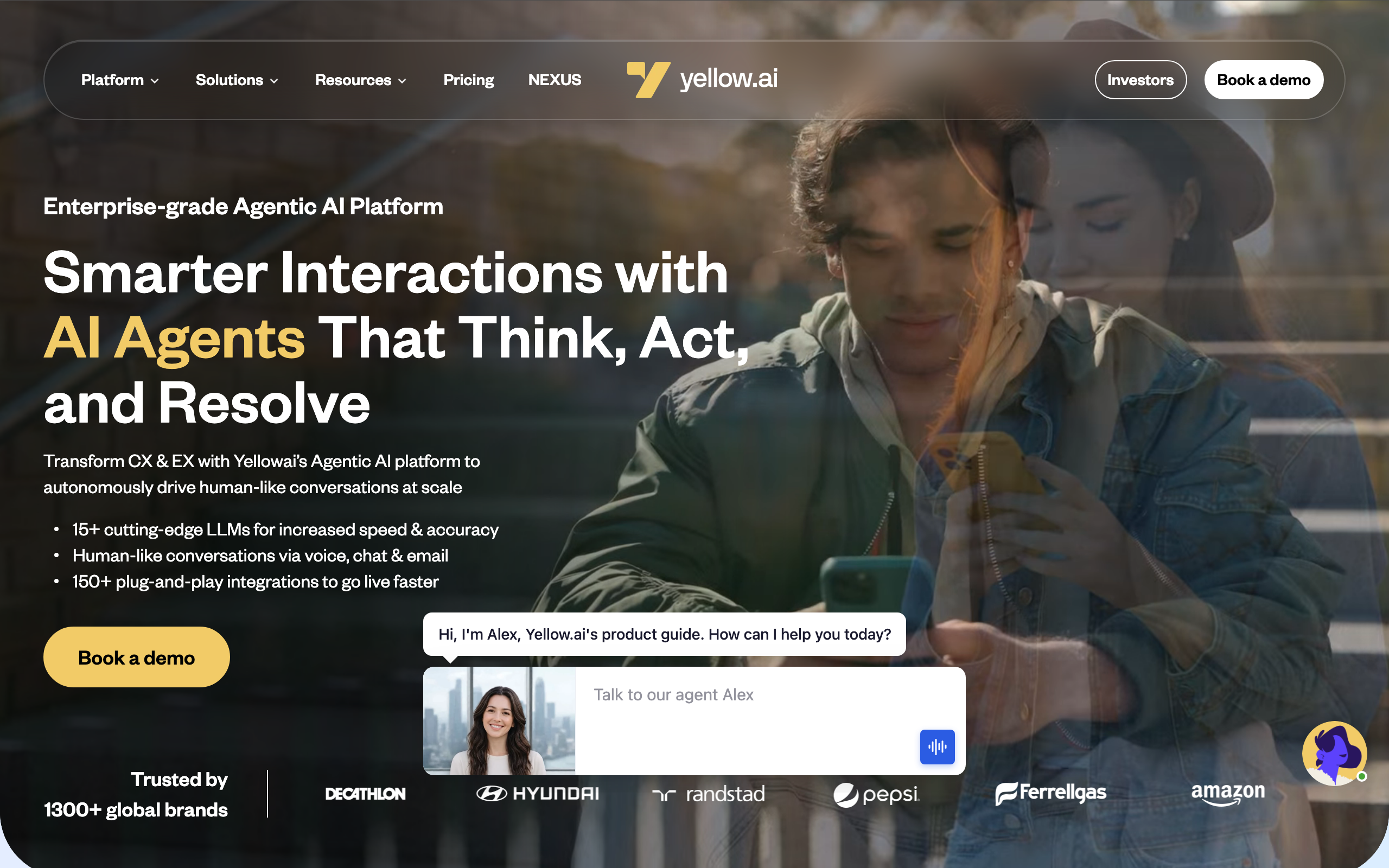 Yellow.ai homepage for AI Agents for CX and EX Automation, featuring a hero banner for AI agents that think, act and resolve, customer logos, product highlights, platform previews, and a call to discover the Yellow.ai platform.