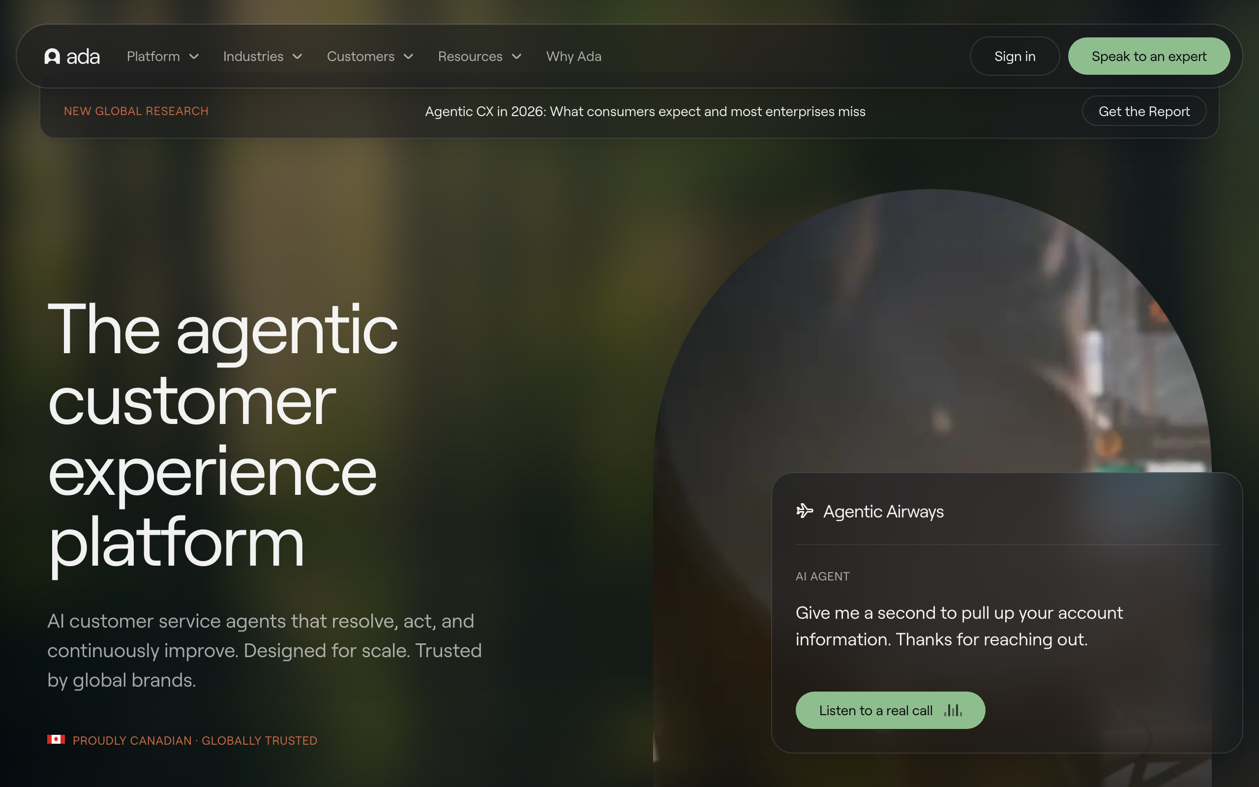 Ada website homepage in a dark theme promoting AI customer service agents for enterprise CX, with the headline The agentic customer experience platform, performance metrics, enterprise customer logos, product feature panels, and a large Ada logo in the footer