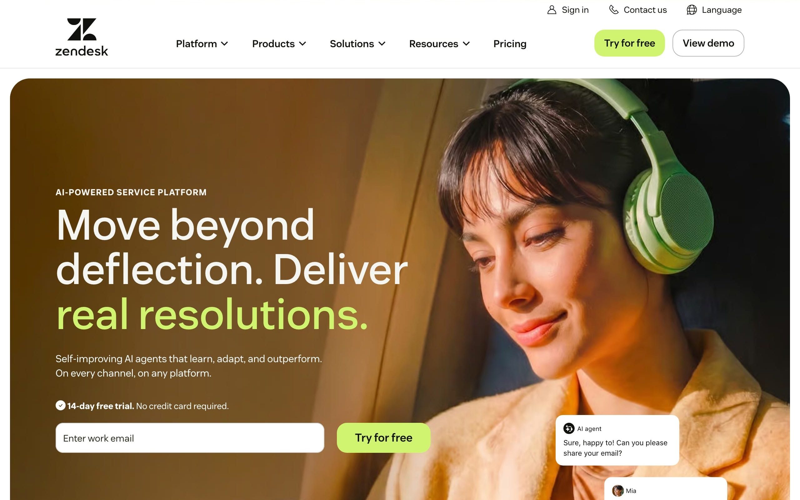 Zendesk homepage for its AI-powered service platform, with a hero banner, product feature sections, customer metrics, and calls to action for support and sales.