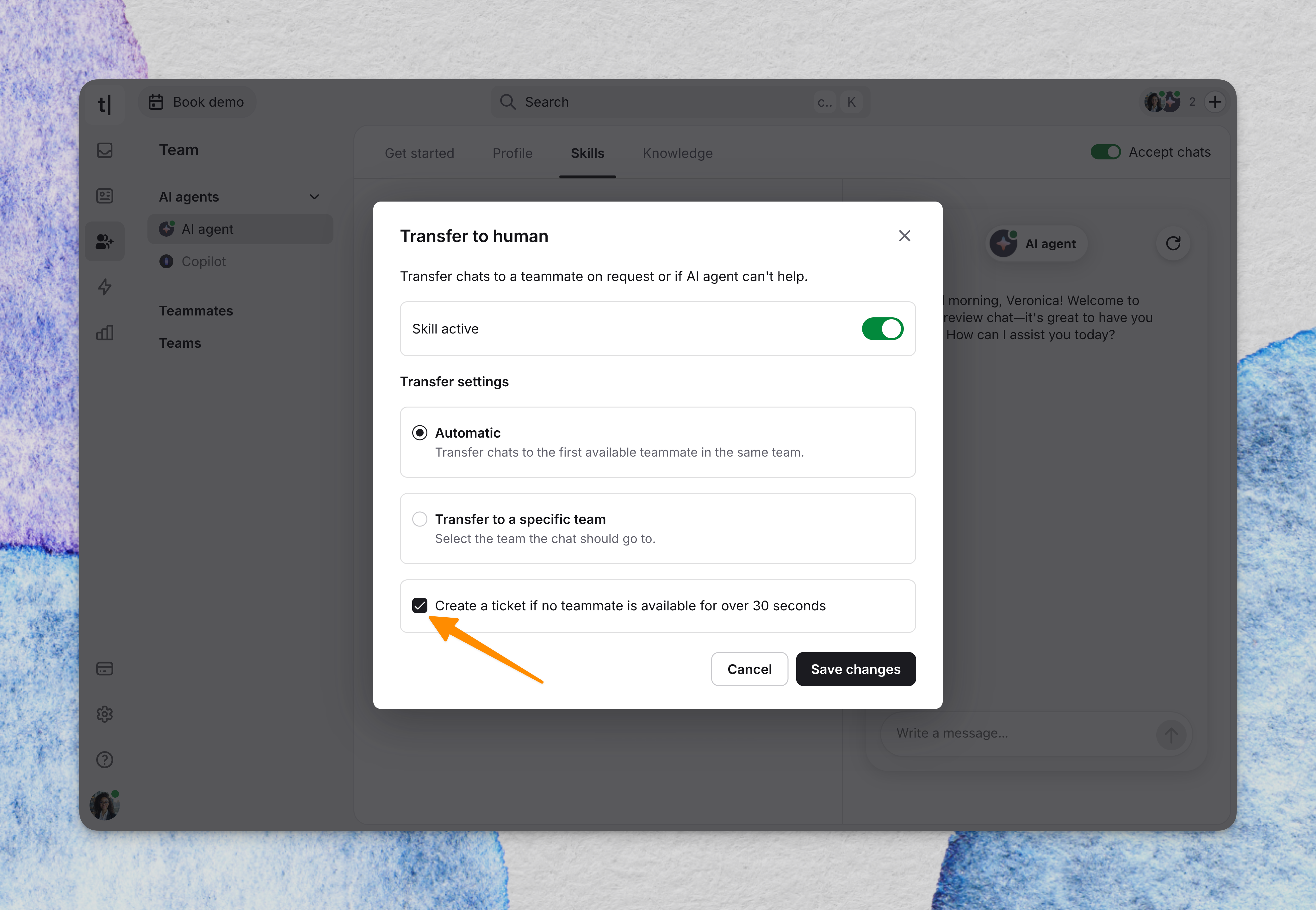 transfer chat skill screen