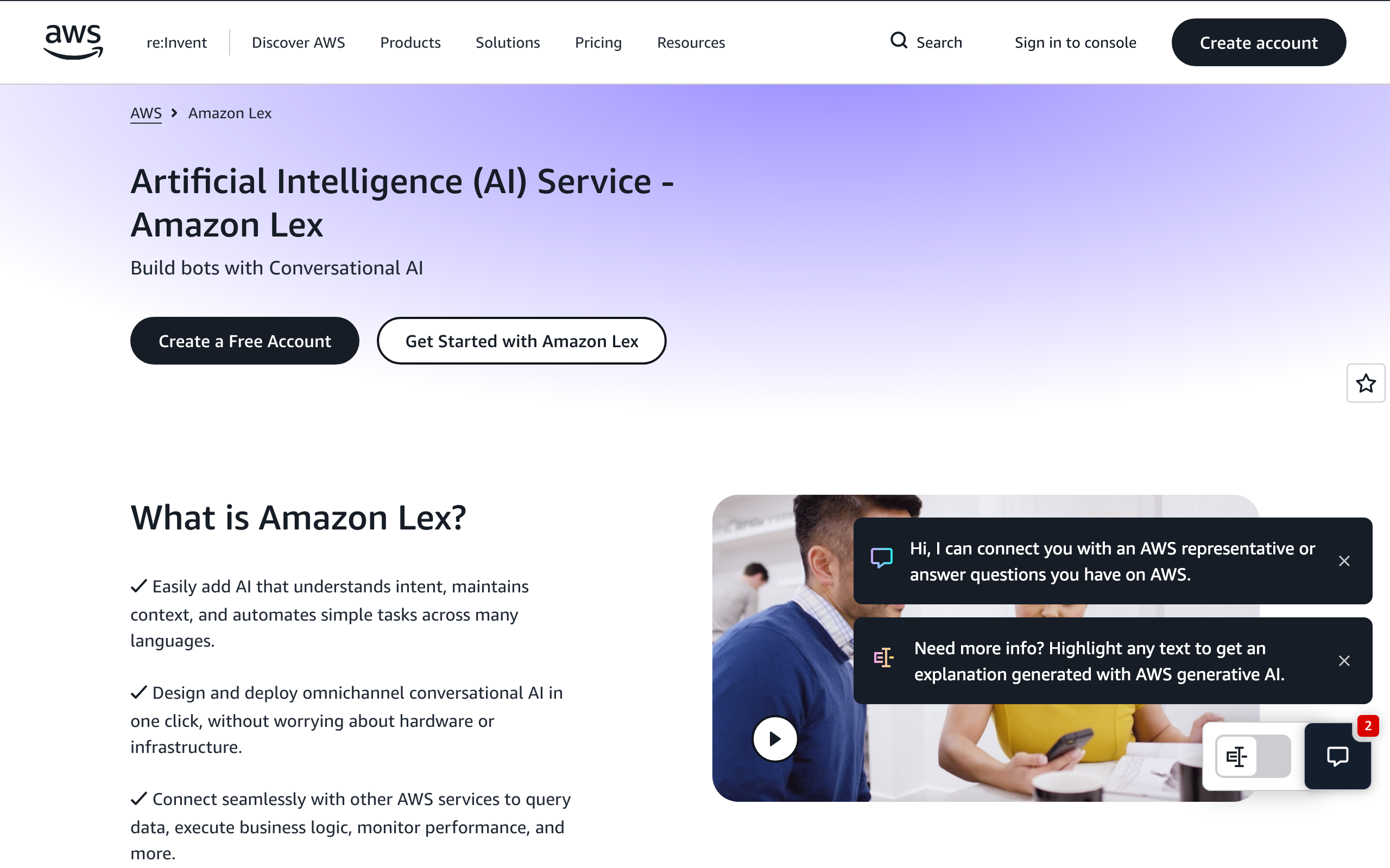 Screenshot of the AWS product page for Amazon Lex, showing the hero section with the tagline "Build bots with Conversational AI," a "What is Amazon Lex?" feature list, and a video preview with AWS chat assistant prompts.