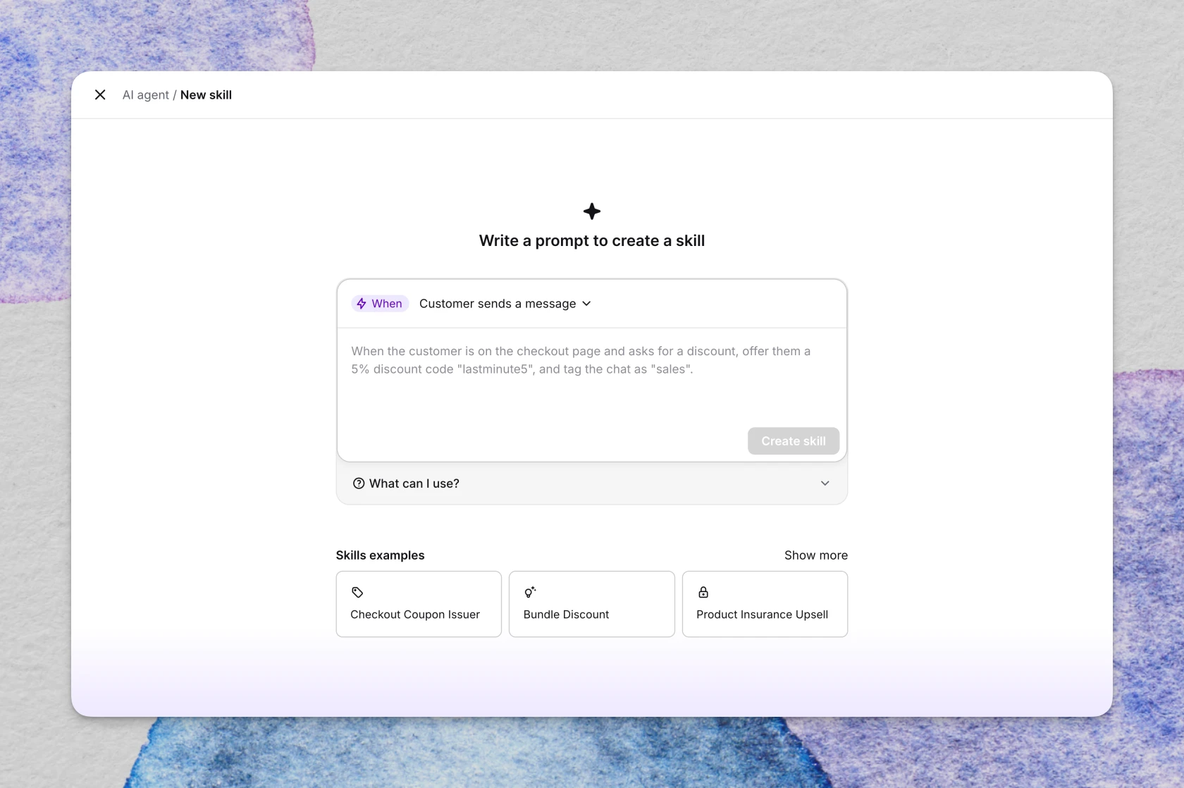 Text's AI agent skill editor, where a plain-language prompt sets a trigger and action: offer a 5% checkout discount code and tag the chat as sales.