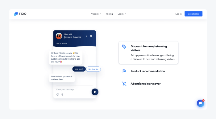 Tidio chat widget offering a new-customer discount, with product recommendation and abandoned cart saver features listed