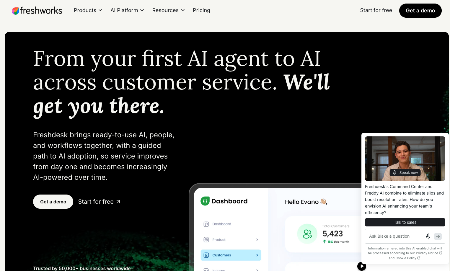 Freshdesk homepage showing its AI-powered customer service platform and dashboard
