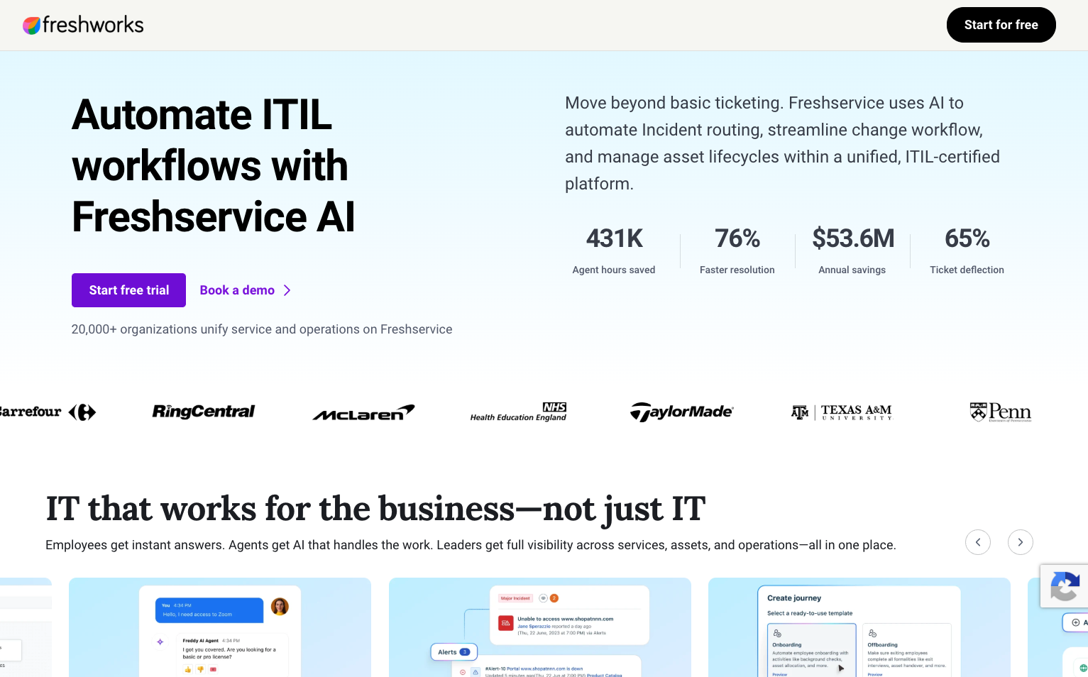 Freshworks Freshservice page showing ITIL workflow automation and customer results stats