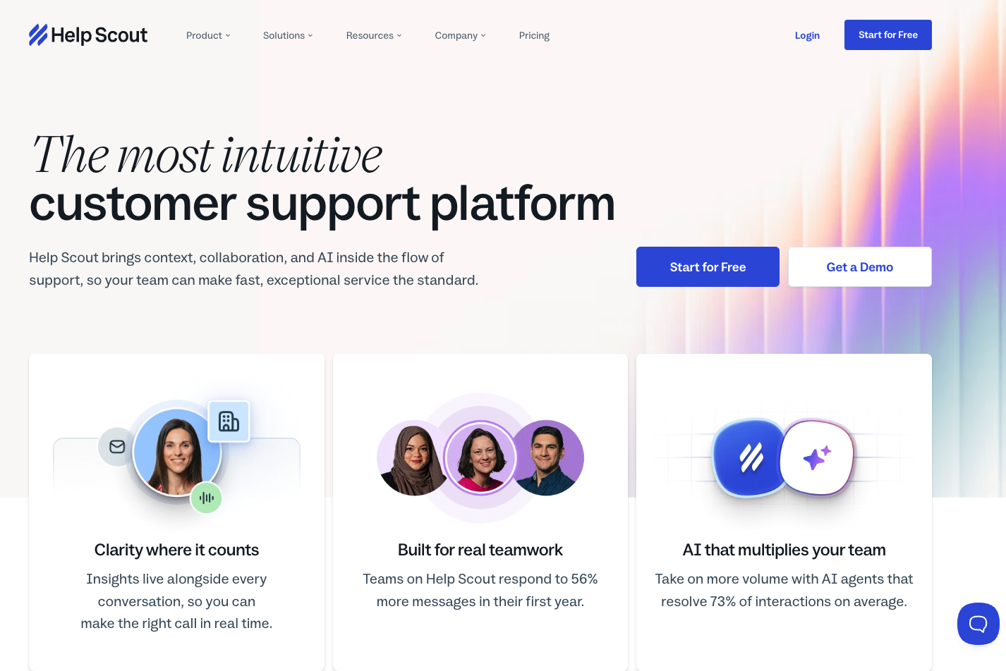 Help Scout customer support platform homepage highlighting AI and team collaboration features