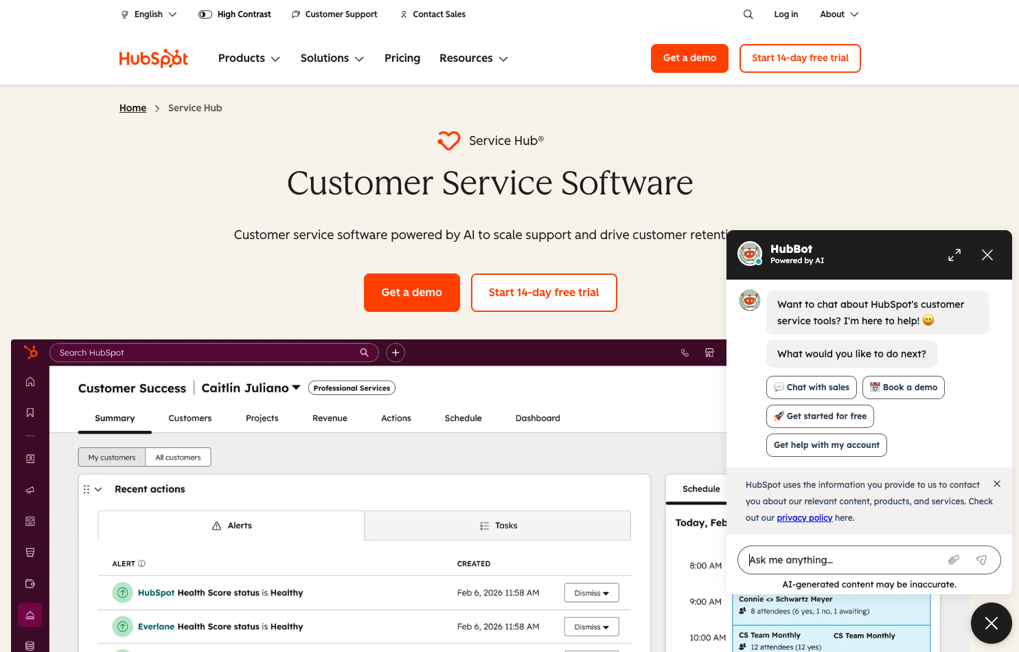 HubSpot Service Hub customer service software page with AI chatbot widget
