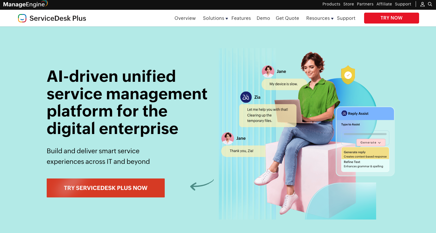 ManageEngine ServiceDesk Plus homepage showing AI-driven service management platform