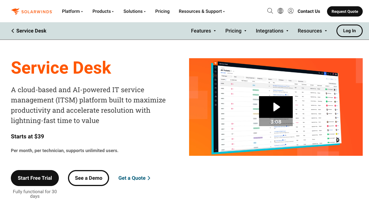 SolarWinds Service Desk product page showing pricing and ticket dashboard preview