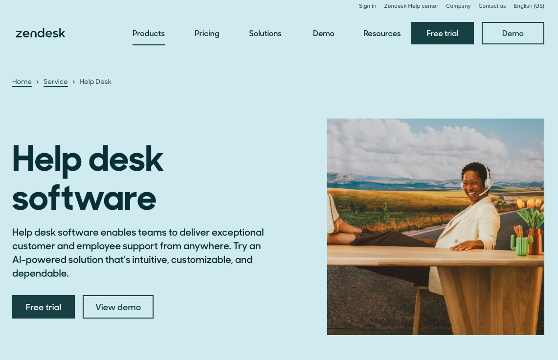 Zendesk help desk software product page with free trial and demo options