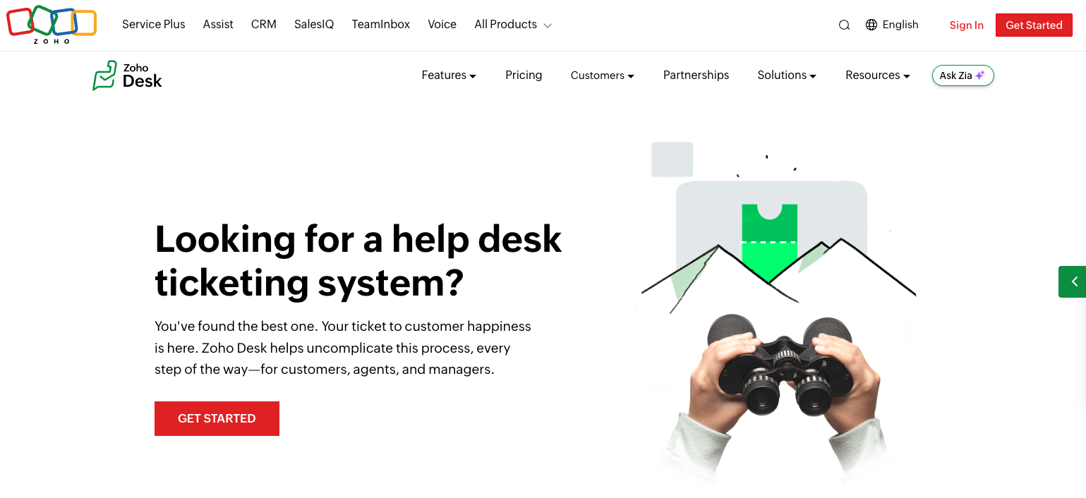 Zoho Desk homepage promoting its help desk ticketing system