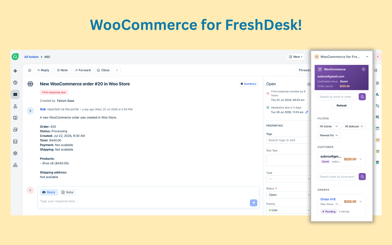WooCommerce for Freshdesk integration showing a support ticket with order details alongside a sidebar displaying customer info, order history, and total sales.