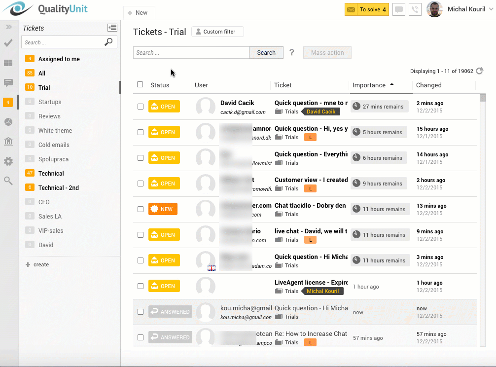 LiveAgent ticketing dashboard showing a list of trial support tickets with status, user, importance, and time remaining for each ticket.