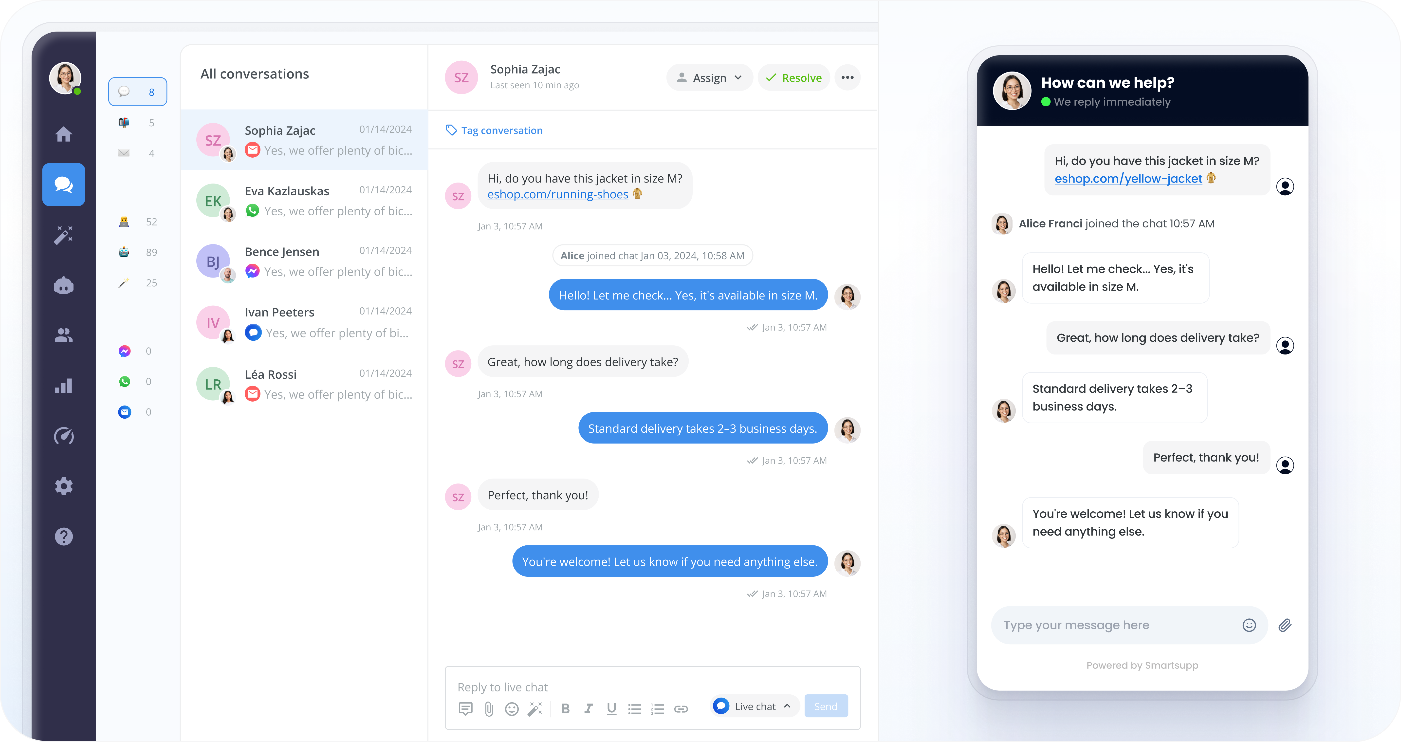 Smartsupp agent dashboard showing a live chat conversation about product availability and delivery time, alongside the matching customer-facing chat widget on the storefront.