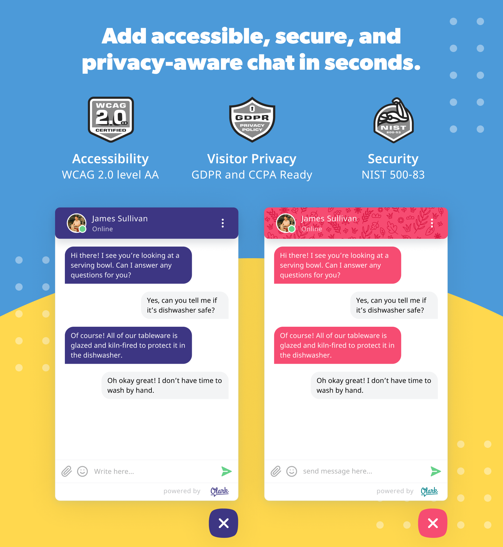Olark marketing graphic showing WCAG 2.0, GDPR, and NIST 800-53 compliance badges above two customizable chat widget examples in purple and pink color themes.