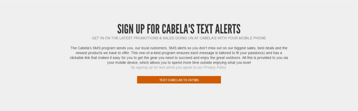 Cabela discount offers text messaging sing up altert