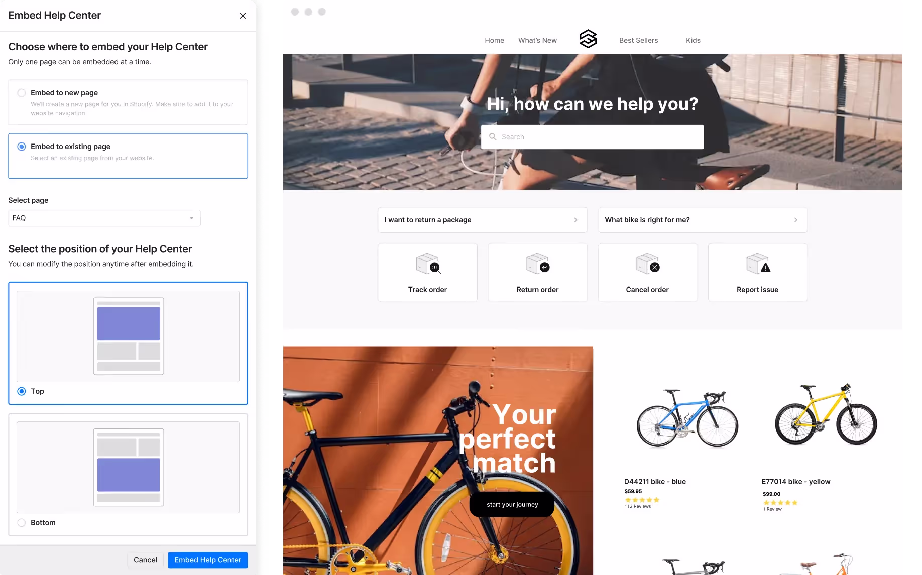 Gorgias Help Center embed settings next to a branded Shopify store help center with track/return/cancel order shortcuts